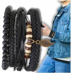  Boho stílusú férfi bőr karkötő szett gyöngyökkel és levél medállal (5905884062913)