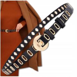 EdiBazzar Női bőr öv, fekete színben, arany színű, keskeny, kerek csattal, elegáns (Pasek damski do sukienki)