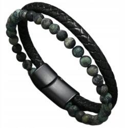  Férfi karkötő bőrszíjjal, természetes bőrrel, zöld kő gyöngyökkel (5905884063224)