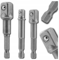  3 darabos adapter készlet 1/4, 1/2, 3/8 dugókulcsfej csavarhúzóhoz, fúróhoz Hex (HEX Komplet adapterów nasadek do wkrętarki)