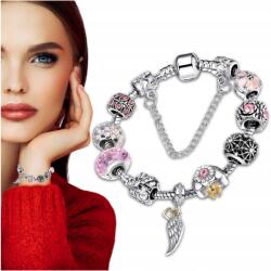  Moduláris karkötő Charms gyöngyökkel, ezüst, női, elegáns, levélke medállal (Srebrna bransoletka modułowa z charmsami liść)