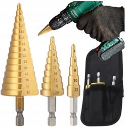  Lépcsős fúrók 3 db-os acél készlet kúpos 4-32mm fához, fémlemezhez (Zestaw 3szt wiertła stopniowe stożkowe 4-32mm)