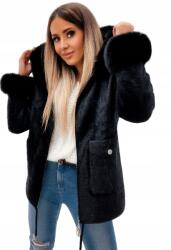  Elegáns, fekete alpaka gyapjú női kabát kapucnival és szőrme szegéllyel (6648)
