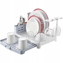  Összecsukható edényszárító csepegtető tálca, evőeszköztartóval és pohártartóval, szürke (B07PQTYRYC)