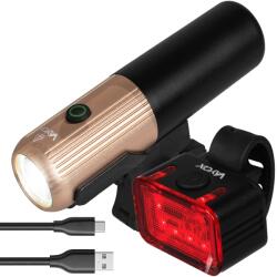 Vayox VA0072, VA0152 első és hátsó kerékpárlámpa készlet, alumínium, XLM1 7W és 8x 351B forrás, újratölthető akkumulátor 2600 mAh, akkumulátorjelző, USB-C töltés, vízálló, 450 lumen, fekete/arany (LAMP_ROW_