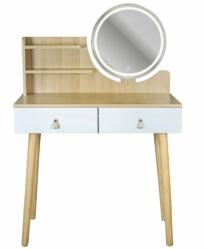 Jumi Scandi 4 fésülködőasztal, kerek LED tükör 40 cm, 3 féle fény (hideg, meleg, természetes), 125x80x40 cm, MDF + fenyőfa, natúr fehér színű