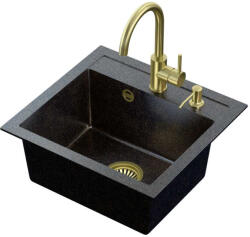 Steiner ART JOHNNY fekete arany opálos gránit mosogató Copper Black Pearl szifonnal, Naomi arany színű csap, arany színű adagoló