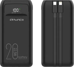 Awei vésztöltő USB+Type-C aljzat (20000mAh, 22.5W, PD gyorstöltő + fix Type-C+lightning kábel) FEKETE (P169K) (AWEI136) (AWEI136)