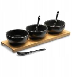 Konighoffer Porcelán mártogatós tálak deszkán 3 db fekete (Miseczki do dipów z łyżeczkami na desce)