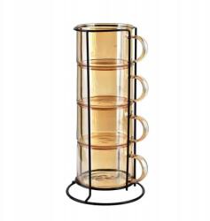 Mondex 4 db-os csésze szett kávé- és teatartó állványon, elegáns mézszínű (HTID2768)