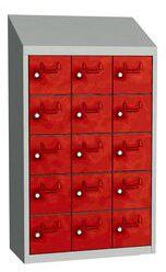 Malow Olaf hegesztett szekrény személyes tárgyakra, 15 box, hengerzár, szürke/piros