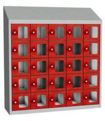 Malow Olaf hegesztett szekrény személyes tárgyakra áttetsző ajtóval, 25 box, hengerzár, szürke/piros