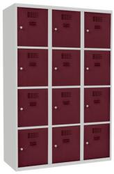 Malow West hegesztett öltözőszekrény, 12 rekesz, hengerzár, szürke/bordó