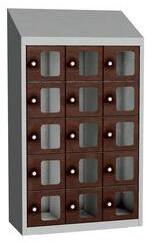 Malow Olaf hegesztett szekrény személyes tárgyakra áttetsző ajtóval, 15 box, hengerzár, szürke/barna