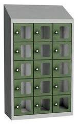 Malow Olaf hegesztett szekrény személyes tárgyakra áttetsző ajtóval, 15 box, hengerzár, szürke/zöld