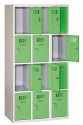 Malow Eric hegesztett, könnyített öltözőszekrény, 12 rekeszes, hengerzár, szürke/zöld