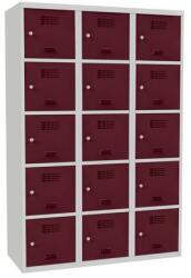 Malow Adam hegesztett öltözőszekrény, 15 rekesz, hengerzár, szürke/bordó