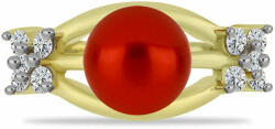  Arannyal Bevont Ezüst Gyűrű Vörös Édesvízi Gyönggyel és Fehér Topázzal, Y58412/54
