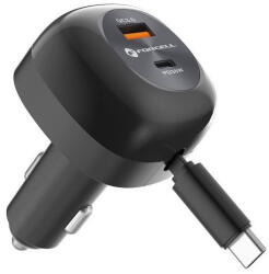 Forcell F-Energy USB-C-USB-A autós töltő behúzható kábellel, PD QC4.0, SFC2.0, 3A, 75W, fekete