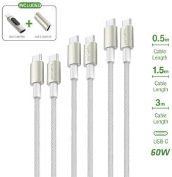 4smarts PremiumCord USB-C töltő- és adatkábel szett adapterrel, átalakítóval, 60W, 0.5+1.5+3M, fehér / ezüst (4S540656)