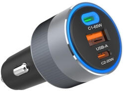 Forcell F-ENERGY 2xUSB-C-USB-A autós töltő, PD, QC4.0, SFC2.0, 4, 5A, 65W, szürke