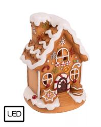  Dekoráció mézeskalács ház, LED-es havas poly 10x16cm barna, fehér