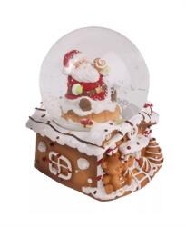  Hógömb mézeskalács házon poly, télapó figurával, üveg 7x9, 5cm barna-fehér