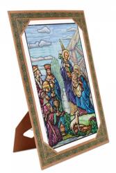  Karácsony dekoráció, ólomüveg stílusú kép keretben, állvány (204_005)