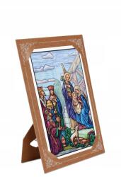  Karácsony dekoráció, ólomüveg stílusú kép keretben, állvány (204_010)