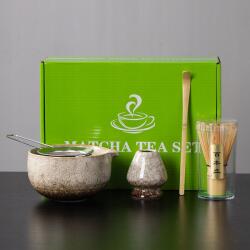 Matcha ajándékdoboz: tál, habverő, csészealj, kanál, szűrő, fehér