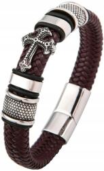  Barna bőr karkötő fonott kereszt punk férfi acél bőr (B4)