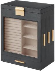 SONGMICS Ékszerdoboz üvegablakkal, ékszertartó 3 oldalsó fiókkal, szürke és arany (JBC162G01)