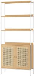 VASAGLE 6 szintes könyvespolc, magas állópolc rattanszerű ajtókkal, Boho stílus, tölgy bézs és fehér (LLS124W57)