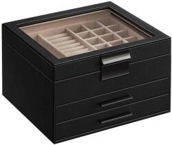 SONGMICS Ékszerdoboz üvegtetővel, 3 fiókos ékszertartó, fekete (JBC239BK)