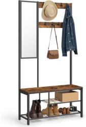 VASAGLE Előszoba fogas polccal, Ruhatartó tükörrel, cipőtartóval és ülőkével, rusztikus barna, 36 x 98 x 185 cm (HSR050B01V1) - tutihome