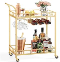 VASAGLE Zsúrkocsi, tálalókocsi 2 tükrös polcal, pohártartóval, arany színű (LRC092A62)
