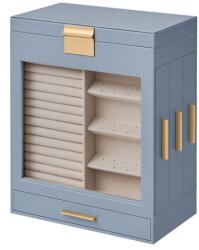 SONGMICS Ékszerdoboz üvegablakkal, ékszertartó 3 oldalsó fiókkal, füstös kék és arany (JBC162Q01)