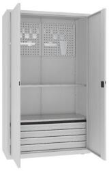 MALOW Fém műhelyszekrény perforált panellel, 199 x 120 x 50 cm, 4 fiókos, szürke/szürke