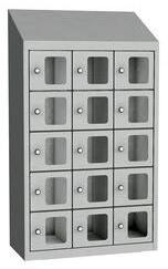 Malow Olaf hegesztett szekrény személyes tárgyakra áttetsző ajtóval, 15 box, elfordítható zár, szürke/szürke