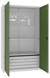 MALOW Fém műhelyszekrény perforált panellel, 199 x 120 x 50 cm, 4 fiókos, szürke/zöld