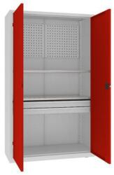 MALOW Fém műhelyszekrény perforált panellel, 199 x 120 x 50 cm, 2 fiókos, szürke/piros