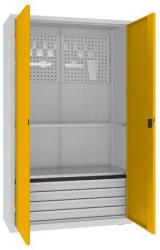 MALOW Fém műhelyszekrény perforált panellel, 199 x 120 x 50 cm, 4 fiókos, szürke/sárga