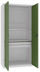 MALOW Fém műhelyszekrény perforált panellel, 199 x 100 x 50 cm, 2 fiókos, szürke/zöld