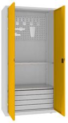 MALOW Fém műhelyszekrény perforált panellel, 199 x 100 x 50 cm, 4 fiókos, szürke/sárga