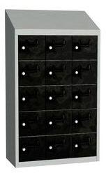 Malow Olaf hegesztett szekrény személyes tárgyakra, 15 box, elfordítható zár, szürke/fekete