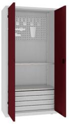 MALOW Fém műhelyszekrény perforált panellel, 199 x 100 x 50 cm, 4 fiókos, szürke/sötét. piros