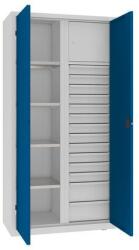 MALOW Fém műhelyszerszámszekrény fiókokkal, 199 x 100 x 50 cm, 14 fiókos, szürke/sötét. kék