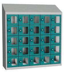 Malow Olaf hegesztett szekrény személyes tárgyakra áttetsző ajtóval, 25 box, elfordítható zár, szürke/türkiz