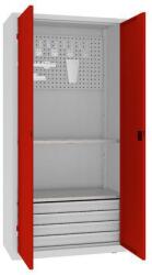 MALOW Fém műhelyszekrény perforált panellel, 199 x 100 x 50 cm, 4 fiókos, szürke/piros