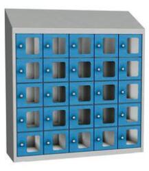 Malow Olaf hegesztett szekrény személyes tárgyakra áttetsző ajtóval, 25 box, elfordítható zár, szürke/világoskék